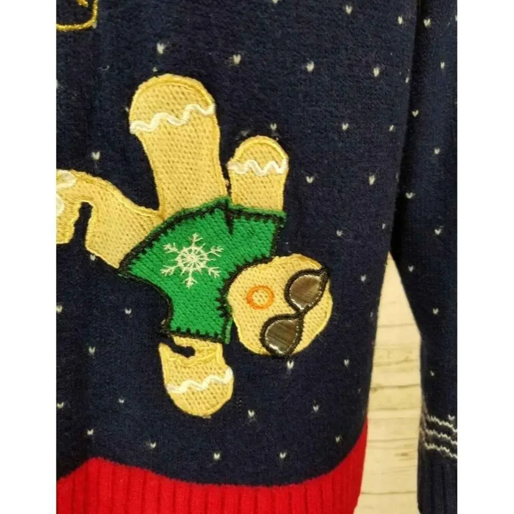 Christmas Sweater Holiday Gingerbread Man cool sunglasses navy blue XL